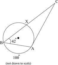 The figure below shows a triangle with vertices a and b on a circle with vertices c outside.  side ac