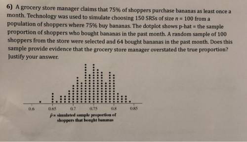 A grocery store manager claims that 75% of shoppers purchase bananas as least once a month. Technology was used to simulate choosing 150 SRSs of size n = 100 from a population of shoppers where 75% buy bananas. The dotplot shows pˆ = the sample proportion of shoppers who bought bananas in the past month. A random sample of 100 shoppers from the store were selected and 64 bought bananas in the past month. Does this sample provide evidence that the grocery store manager overstated the true proportion? Justify your answer.